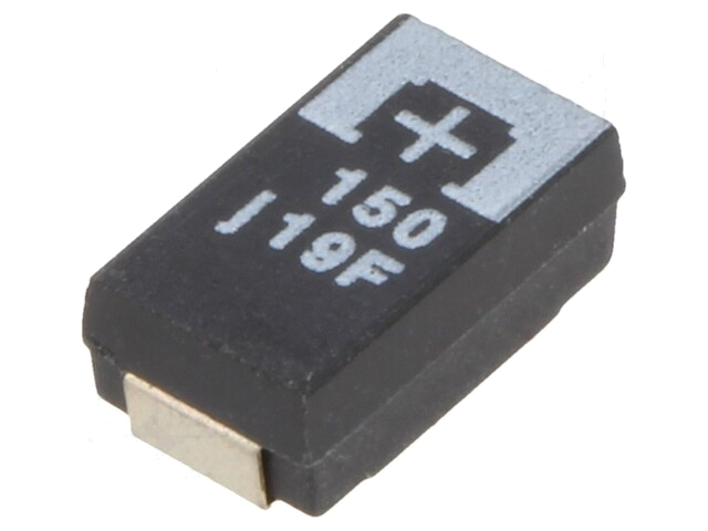 Condensator: tantaal-polymeer; 150uF; 6,3VDC; TPF; SMD; ±20%; 2000h Condensator: tantaal-polymeer; 150uF; 6,3VDC; TPF; SMD; ±20%; 2000h